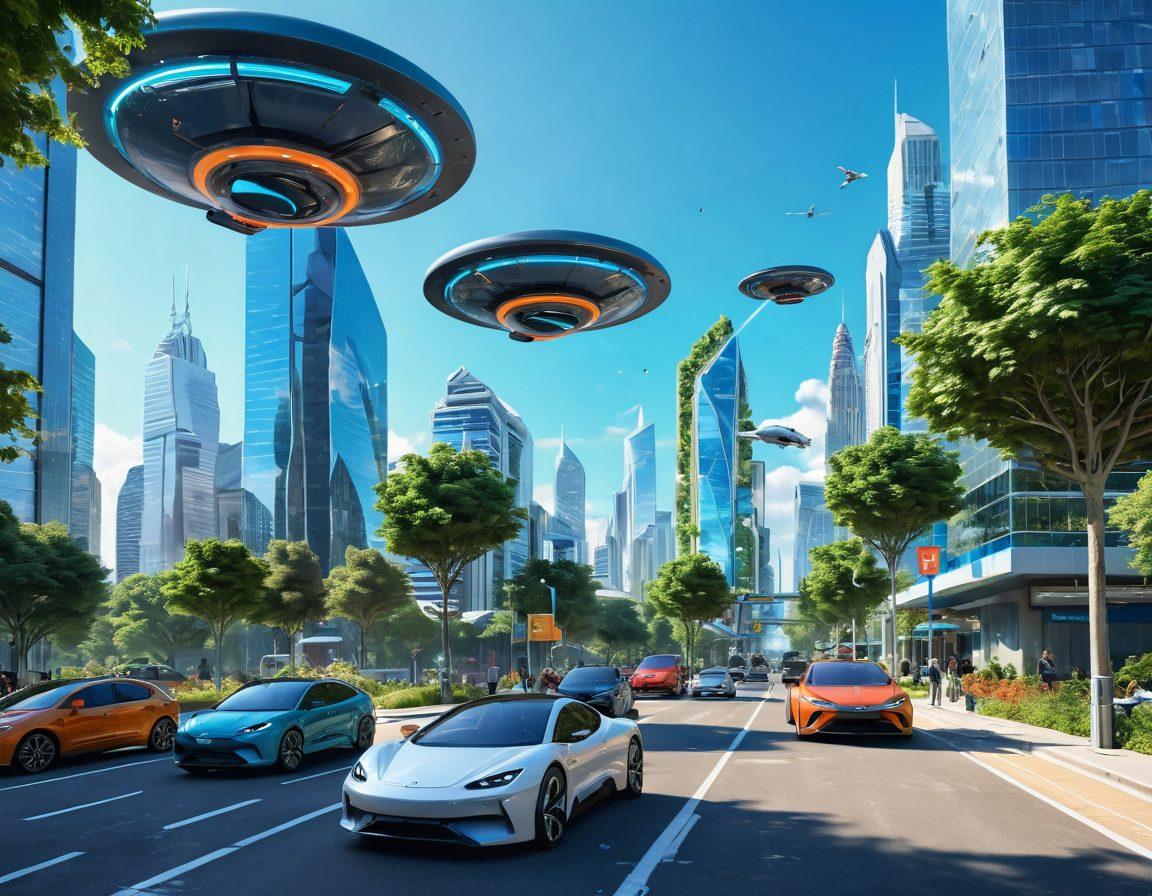 A futuristic cityscape filled with smart technology, showcasing flying cars, advanced public transport, and interactive holograms in everyday settings. People using augmented reality devices, effortlessly navigating their daily tasks amidst greenery and smart architecture. Include elements of AI assisting in various scenarios, with vibrant colors and a clear blue sky. super-realistic. vibrant colors. 3D.