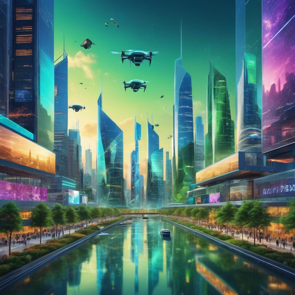 A futuristic city skyline illuminated with digital displays showcasing intelligent systems in action, people using smart devices, drones flying overhead, and green spaces reflecting innovation. Include abstract representations of AI and data flow interwoven through the buildings, symbolizing adaptability. Vibrant colors. super-realistic.
