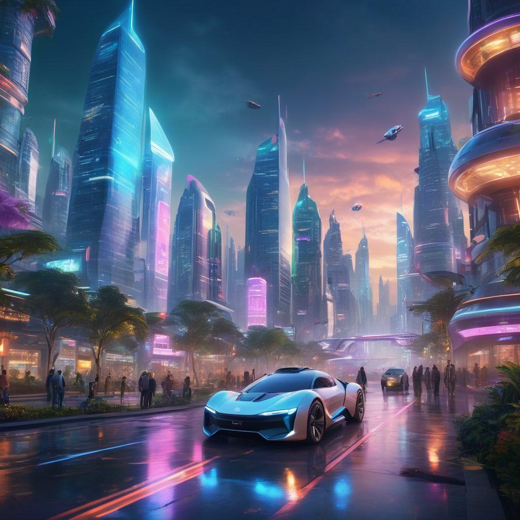 A futuristic city skyline illuminated by smart technology, featuring flying cars, transparent buildings, and greenery integrated with intelligent solutions. In the foreground, a diverse group of individuals interacts with smart devices, showcasing collaboration and innovation. Soft glowing lights reflect the vibrant colors of the city. cyberpunk. super-realistic. vibrant colors.